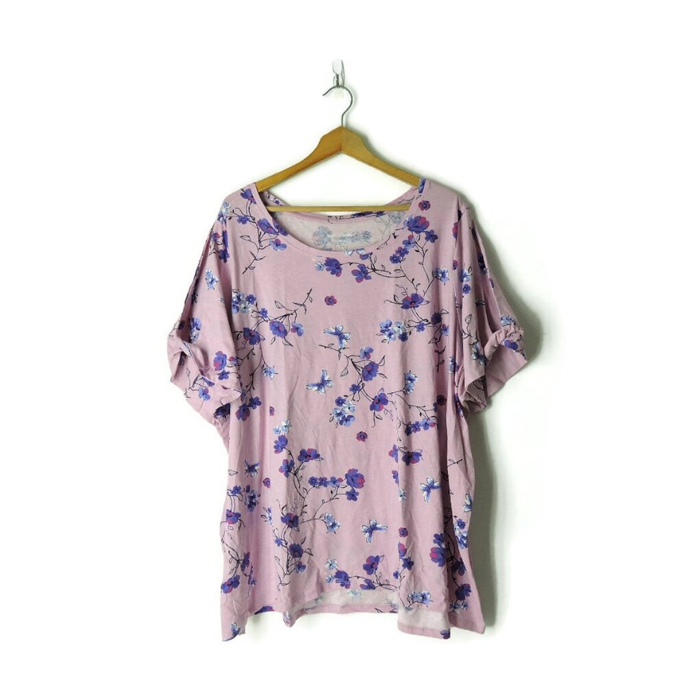 Woman Within 3X 30 32 plus open shoulder t-shirt knit top floral butterflies